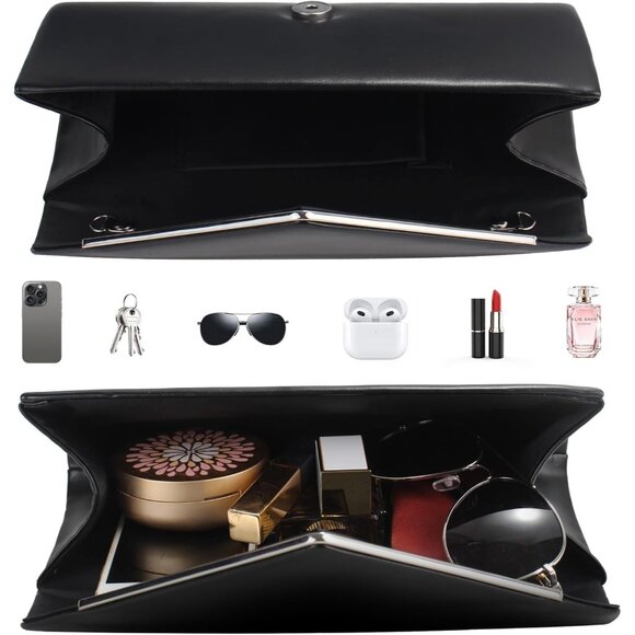 Women's Black 3 Clutch Purses Sparkling Envelope Evening Bag Detachable Chain - Picture 4 of 7